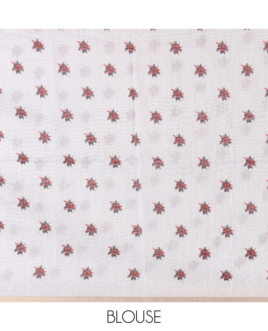 White Christmas poinsettia wreath motifs digital printed Chanderi cotton saree, piping zari border, wreath printed pallu, and a matching wreath printed blouse