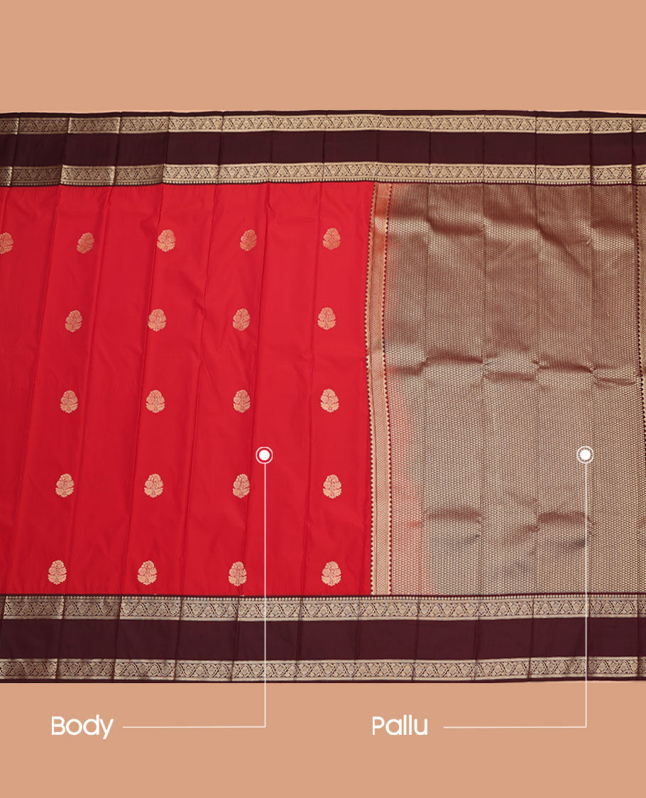 Red Budget Silk Saree, Accentuated with Zari Buttas All Over Its Body, Complemented by a Contrast Traditional Zari Rettai Pettu Border of Floral Creeper Designs, Gleaming Jaal Pallu, and Paired with a Contrast Blouse