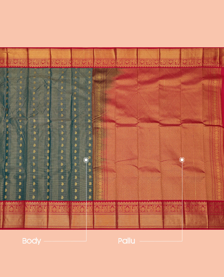 Blue Budget Silk Saree, Opulently Embellished with Zari Buttas and Checks on Its Body, Complemented by a Contrast Traditional Zari Design Border, Grand Jaal Pallu, and Paired with a Contrast Blouse