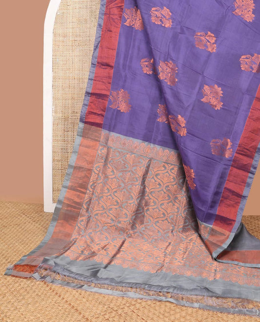 Purple floral design uppada saree with self zari border & ogee, paisley design pallu