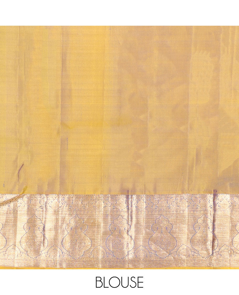 Blue geometric kancheepuram silk saree with contrast floral zari border & paisley design pallu