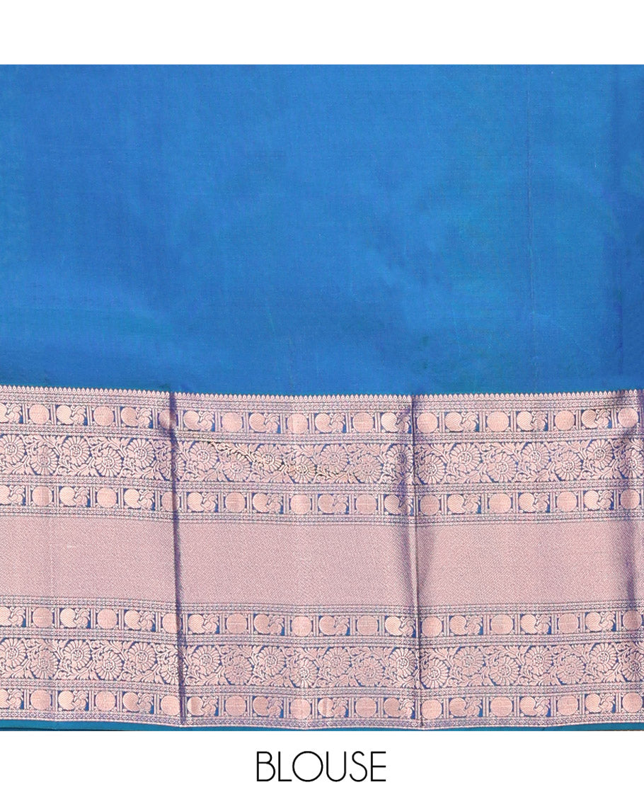 Blue Kanchipuram Wedding Silk Saree, Detailed with Jacquard Design on Its Body, Highlighted by Zari Border of Thilakam, Kodi Visiry, Mayil, and Poun Designs, Grand Pallu, and Paired with a Matching Blouse