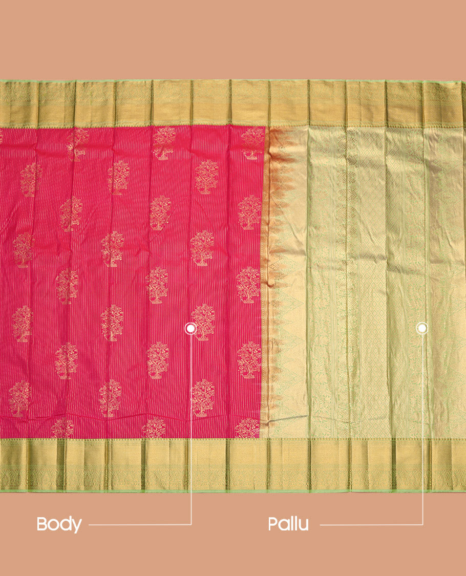 Rani Pink Budget Silk Saree, Decked Up with Zari Buttas and Stripes, Contrast Traditional Zari Border, Jaal Pallu, and a Contrast Blouse