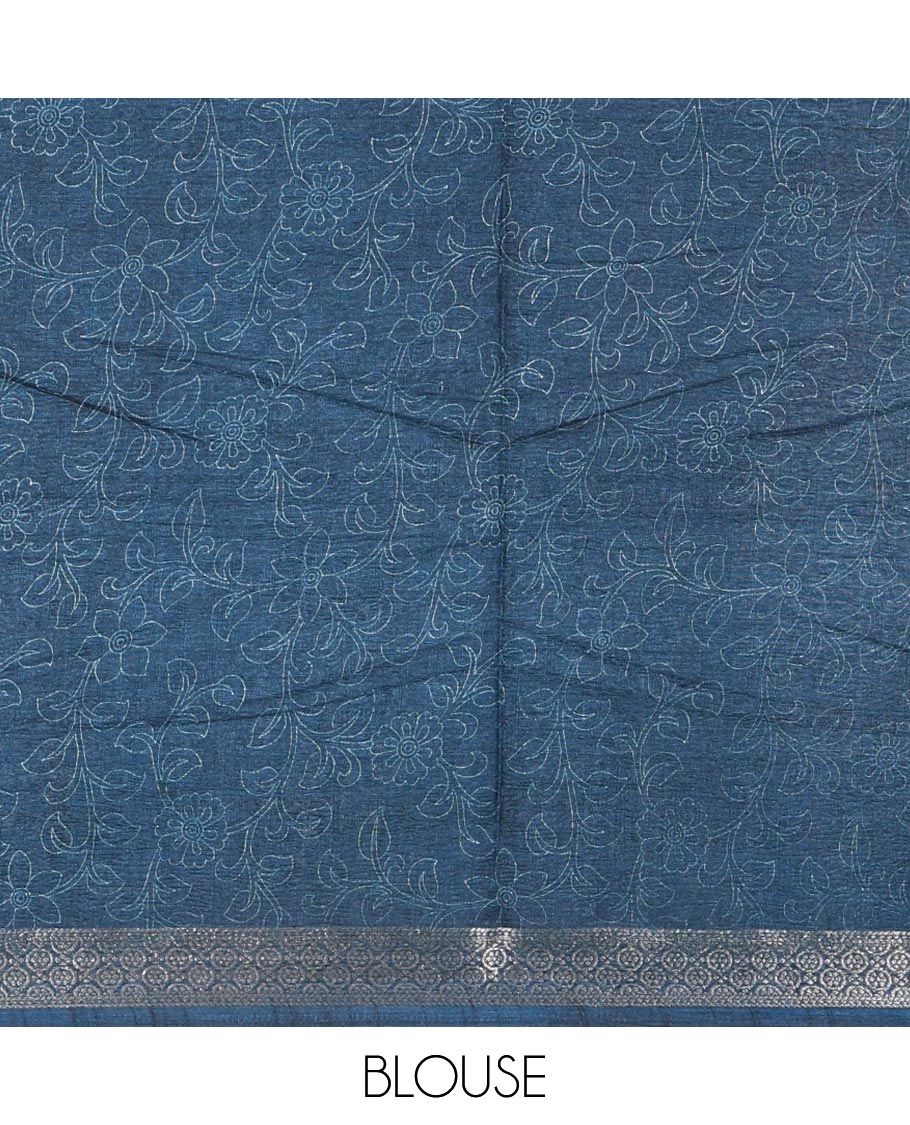 Green kalamkari floral vine and peacock printed dola silk saree, contrast traditional zari border, peacock printed pallu, and floral vine print blouse