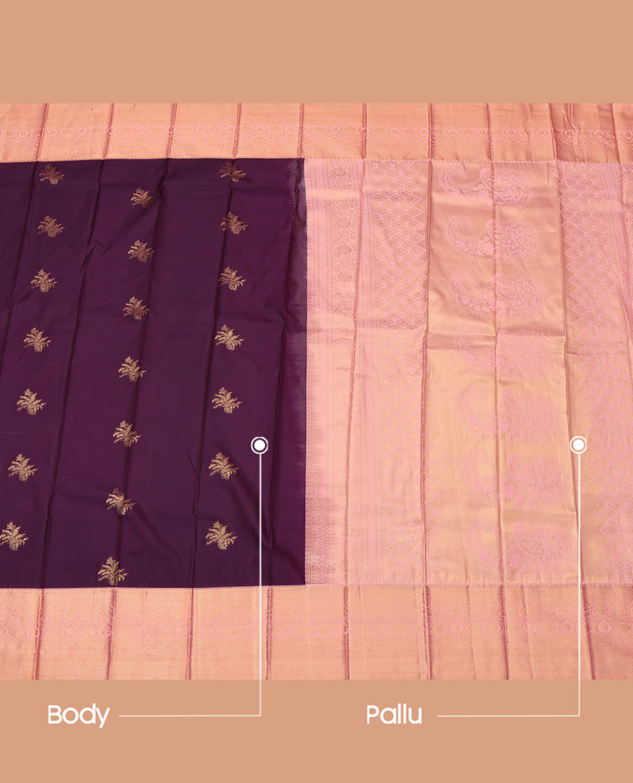 Violet Budget Silk Saree, Elevated with Zari Buttas, Complemented by a Contrast Traditional Zari Border, Intricate Pallu, and a Contrast Blouse