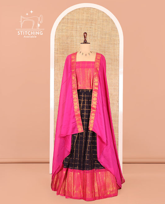 Navy Blue-Rani Pink Sungudi Cotton Half-Saree Features Checked Skirt, Contrast Gopuram Border, Contrast Blouse, and Zari-Bordered Syska Georgette Dhavani