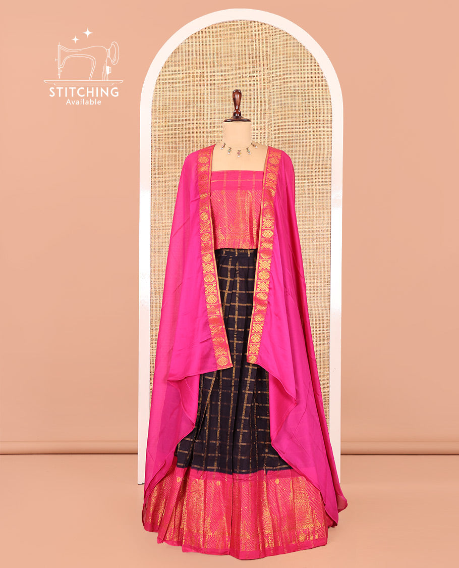 Navy Blue-Rani Pink Sungudi Cotton Half-Saree Features Checked Skirt, Contrast Gopuram Border, Contrast Blouse, and Zari-Bordered Syska Georgette Dhavani