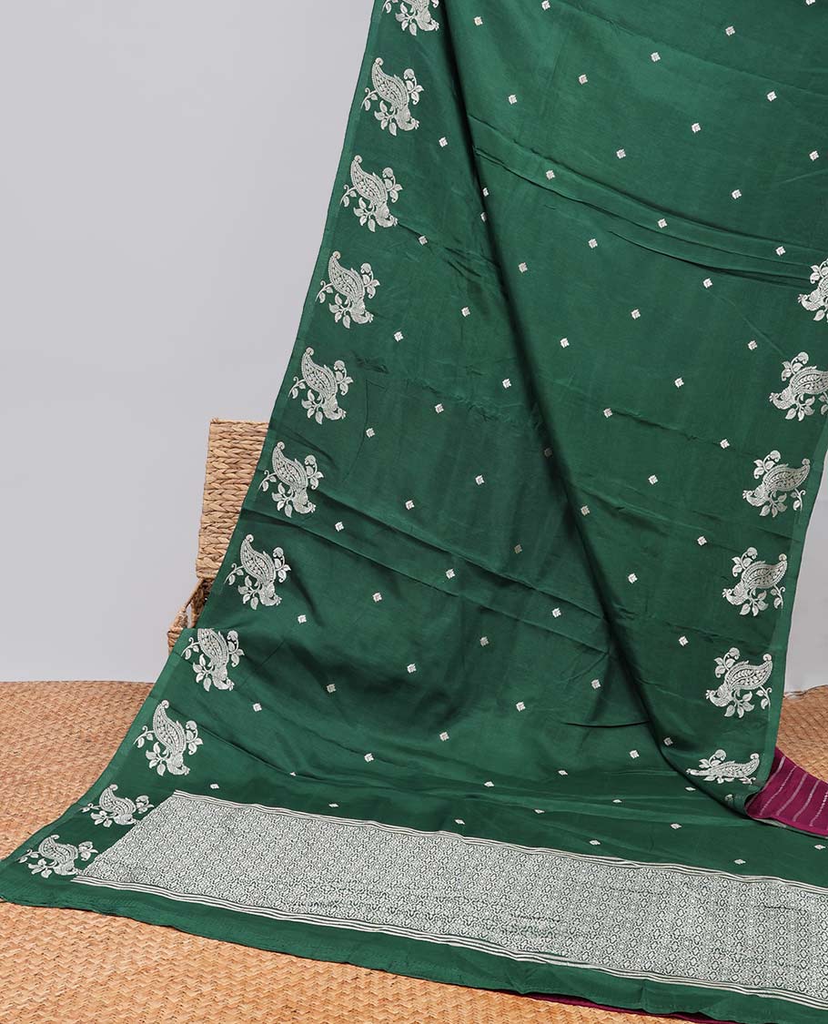 Green floral motifs mushrru silk saree with self peacock motifs border & ogee design pallu