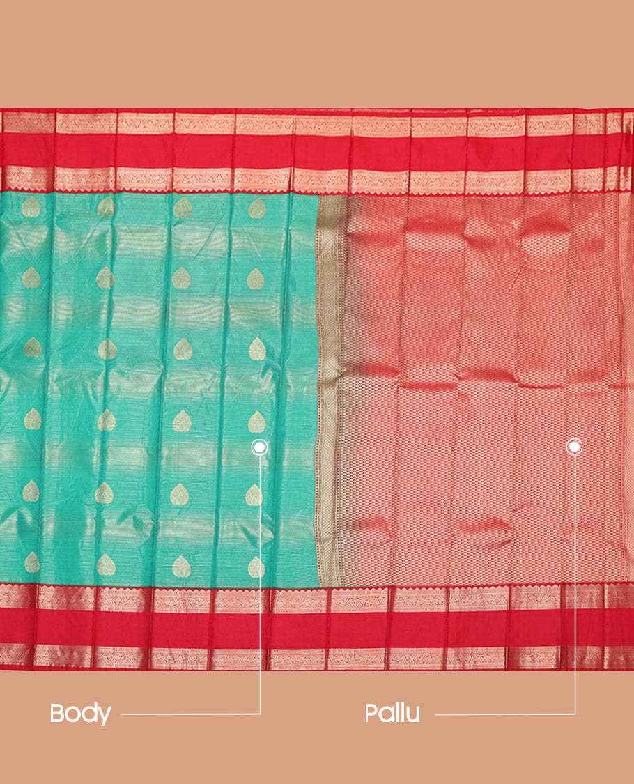 Green Budget Silk Saree, Decorated with Zari Buttas and Stripes, Complemented by a Contrast Traditional Zari Design Rettai Pettu Border, Grand Pallu, and a Contrast Blouse
