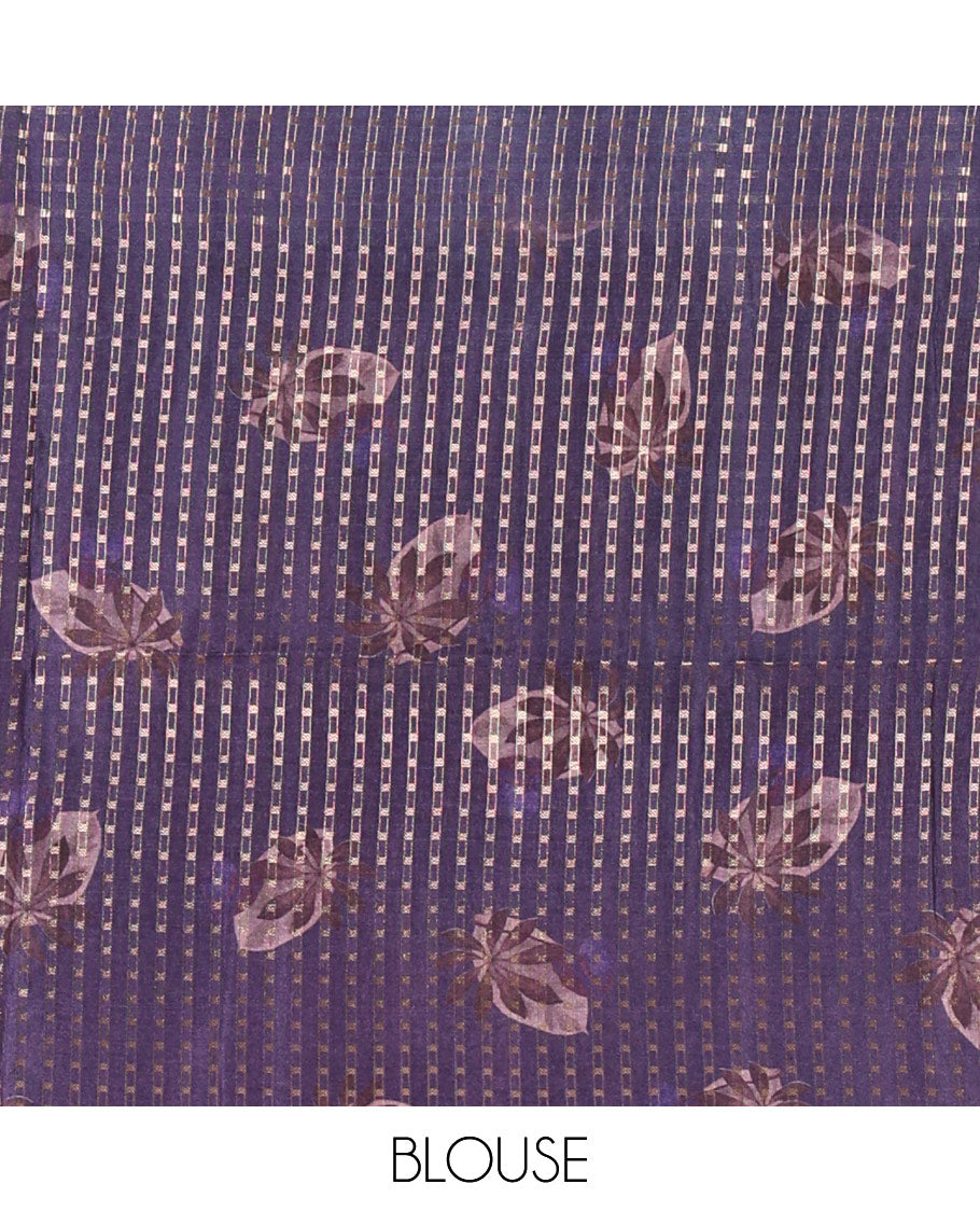 Lavender floral-leaf eco-digital printed fancy tussar saree, zari border, pallu of dobby-style buttas & matching blouse of print & zari work