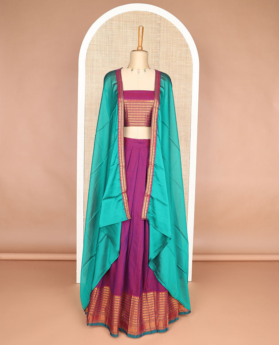 Purple cotton half saree with contrast temple, paun, checked design border, zari design blouse & zari design dhavani