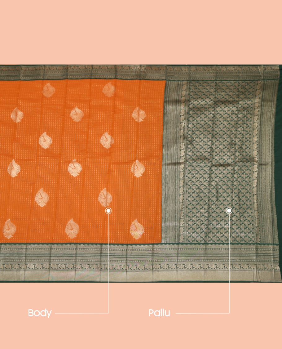 Orange Litchi Saree, Beautified with Zari Buttas, a Contrast Traditional Zari Border, Grand Pallu, and a Contrast Blouse