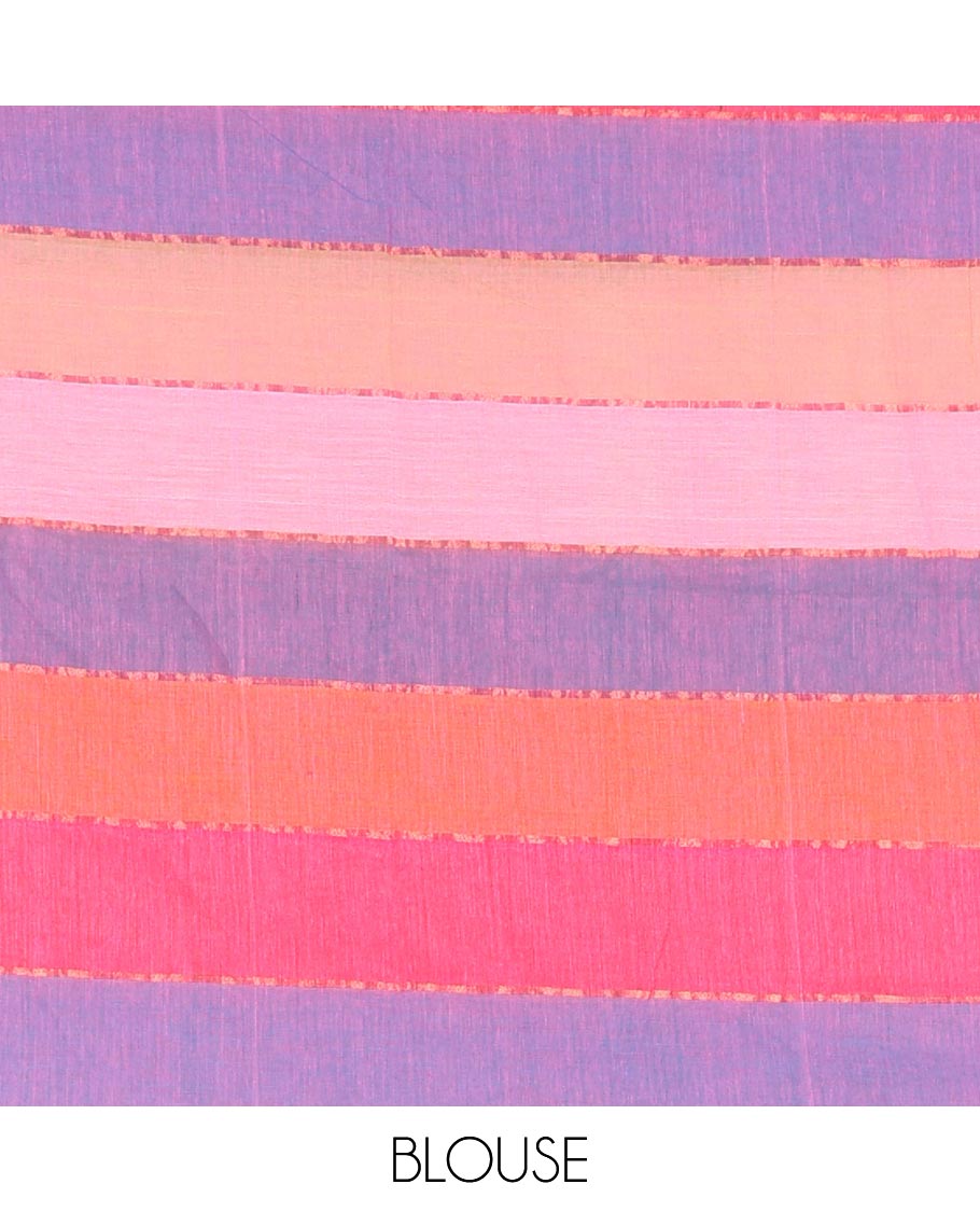 Rani rainbow-style striped Khadi mul cotton saree with piping zari border, and a matching zari striped blouse