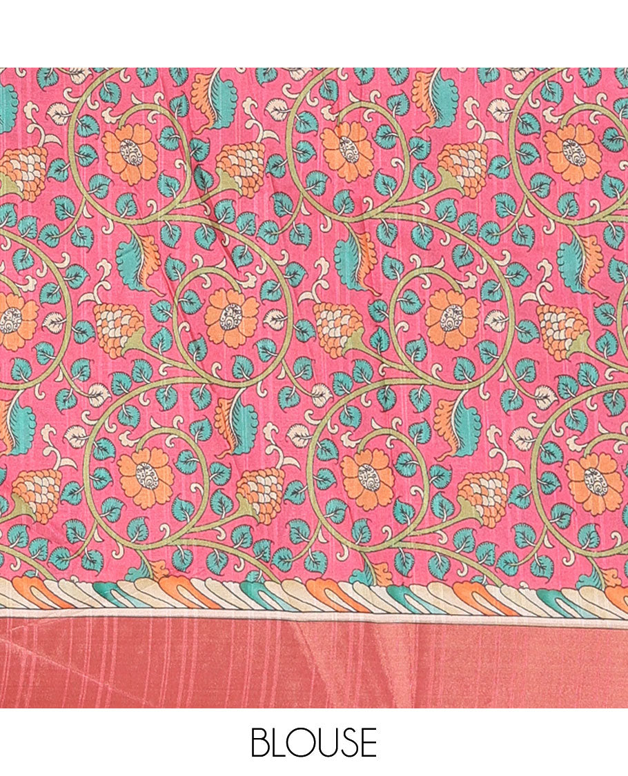 Rama green shibori-style printed soft-tussar saree, contrast zari border, kalamkari peacock printed pallu & kalamkari floral vine print contrast blouse