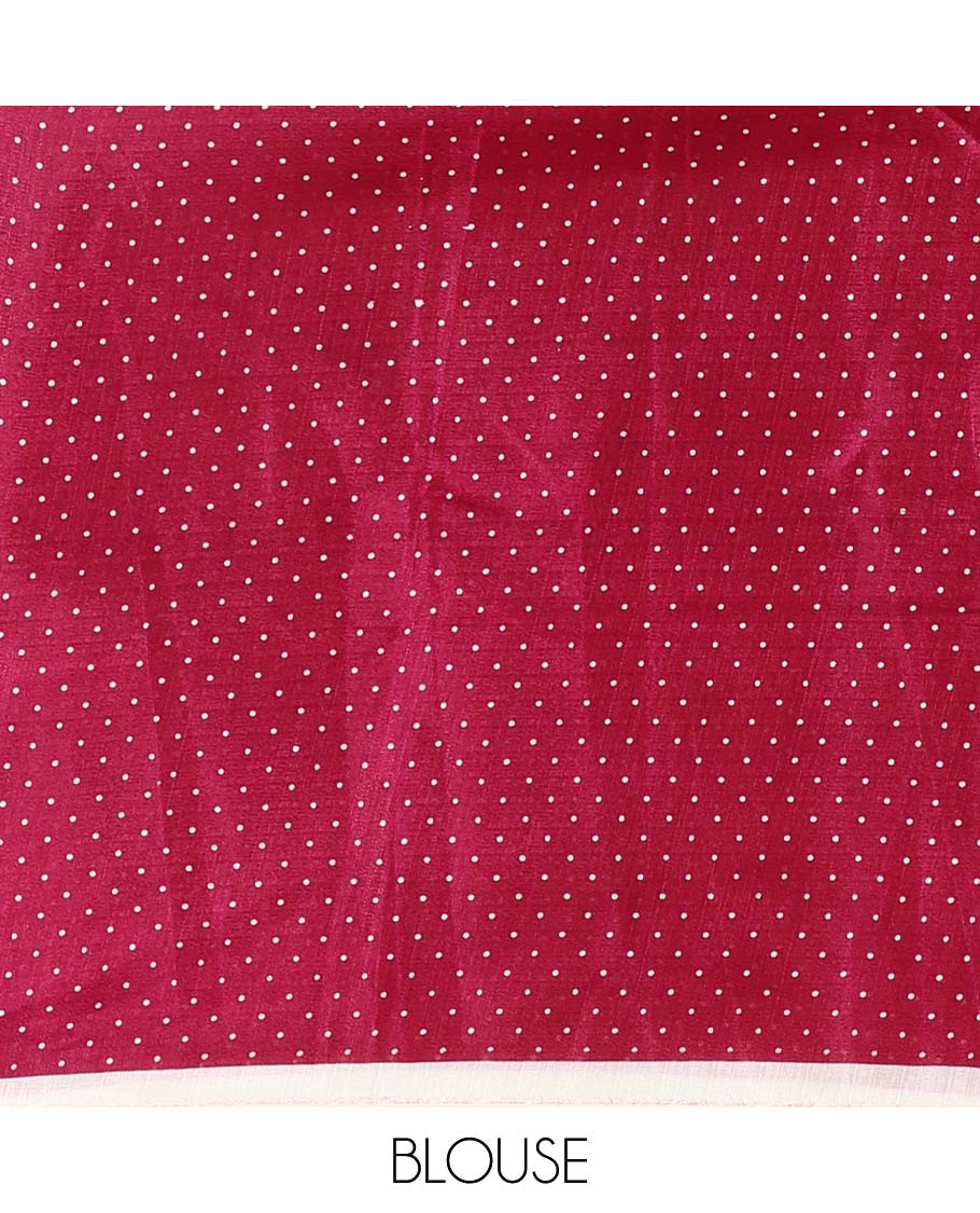 Borderless cream and purple polka dots printed art khadi cotton saree, pallu steeped with polka dots, and a contrast tiny polka dots printed blouse