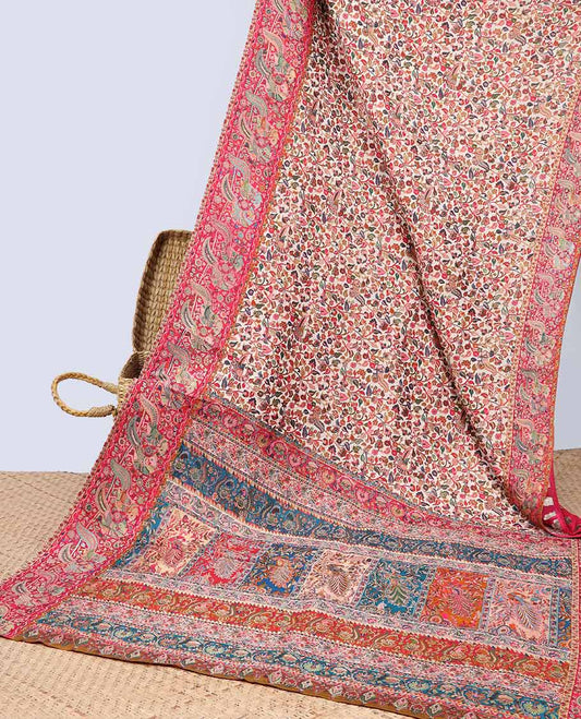 Cream floral vine design semi-banaras dola silk saree with contrast border & intricate design pallu