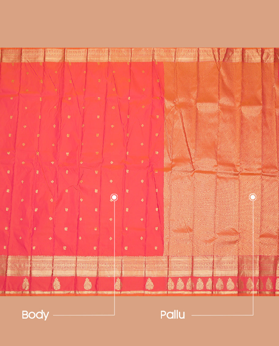 Orange-Pink Diamond Peacock Butta Budget Silk Saree