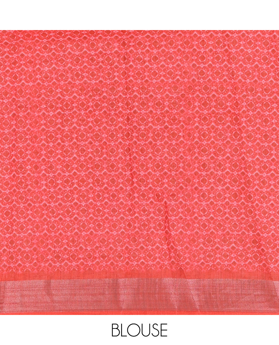 Black floral and human figurines printed linen cotton saree, contrast plain bavanji border, printed pallu, and contrast plain blouse