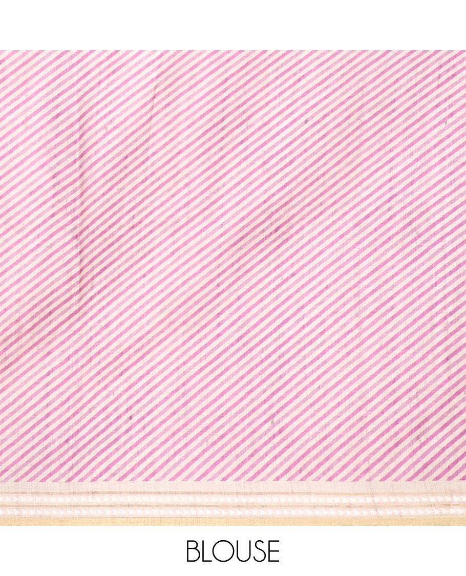 Chikku color with lavender block geometric print fancy tussar silk saree with zari resam border & block print pallu along striped blouse