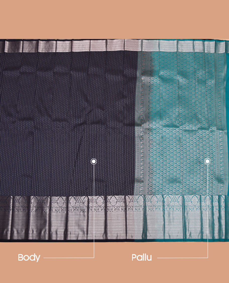 Blue Budget Silk Saree, Woven with Zari Stripes All Over Its Body, Highlighted by a Traditional Zari Design Border, Contrast Pallu of Intricate Designs, and Paired with a Contrast Blouse