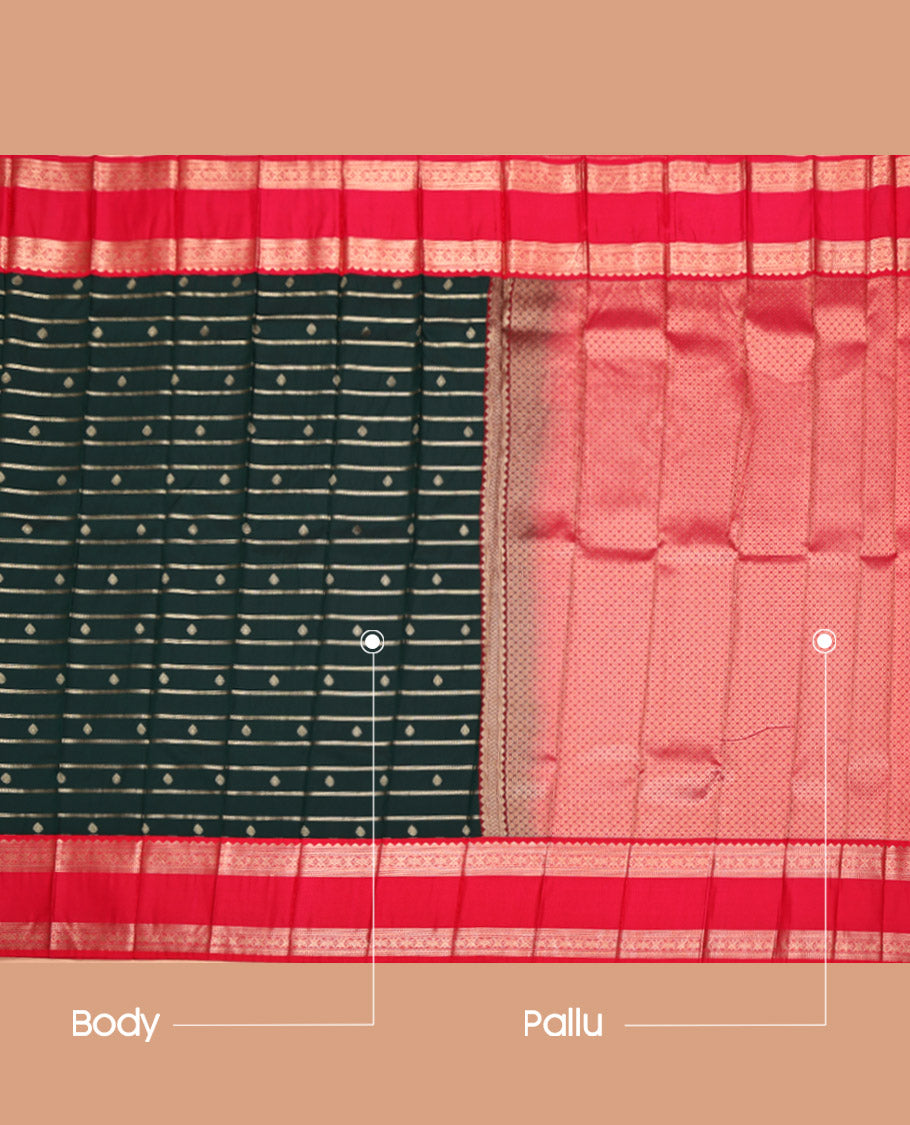 Green Budget Silk Saree, Embellished with Zari Buttas and Stripes All Over Its Body, Complemented by a Contrast Traditional Zari Design Rettai Pettu Border, Grand Jaal Pallu, and Paired with a Contrast Blouse