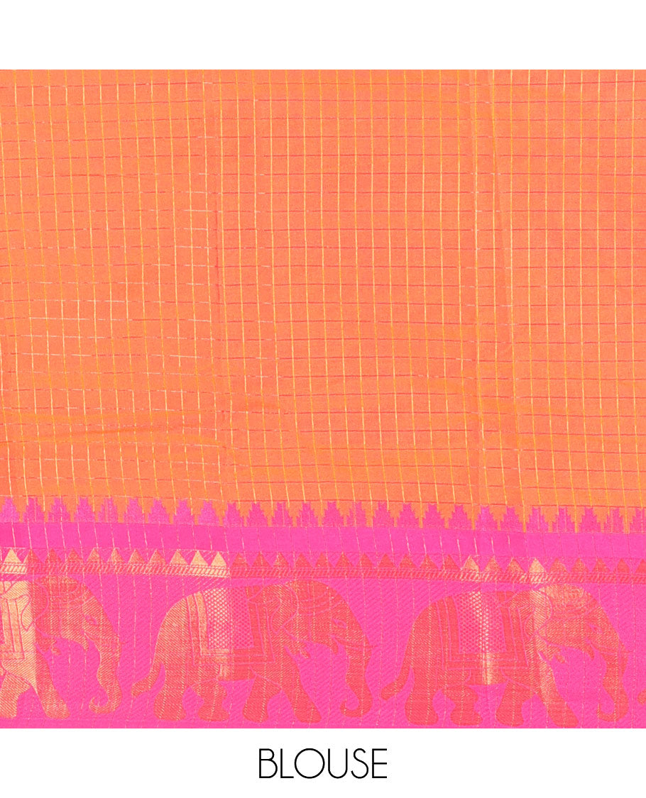 Mustard zari checked semi-taffeta saree, contrast satin temple border of elephant motifs, striped pallu, and a contrast striped blouse