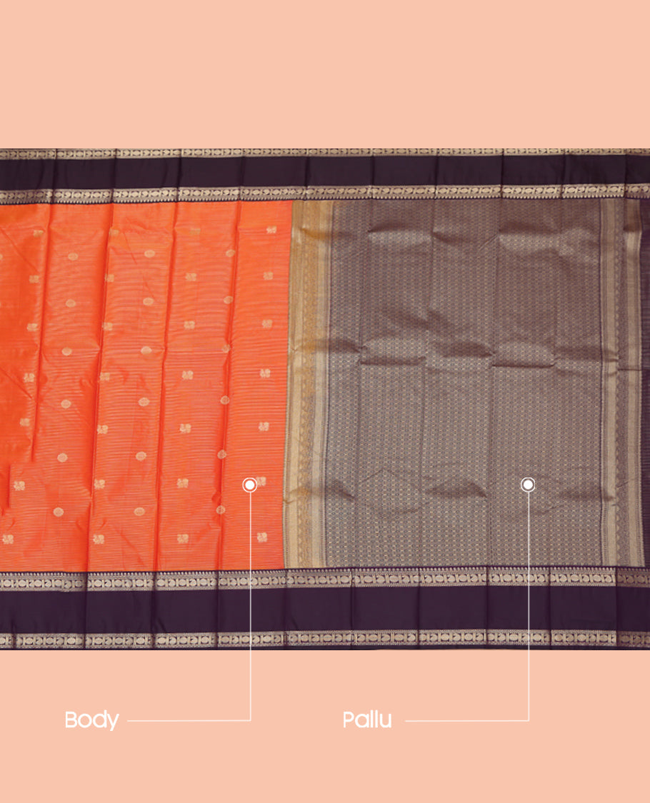 Orange Budget Silk Saree, Detailed with Peacock-Chakram Buttas and Checks, a Contrast Traditional Zari Rettai Pettu Border, Grand Pallu, and a Contrast Blouse