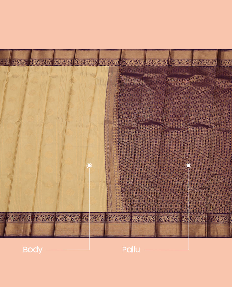 Sandal Budget Silk Saree, Sparsely Woven with Zari Buttas All Over Its Body, Complemented by a Contrast Traditional Zari Border, Grand Jaal Pallu, and Paired with a Contrast Blouse