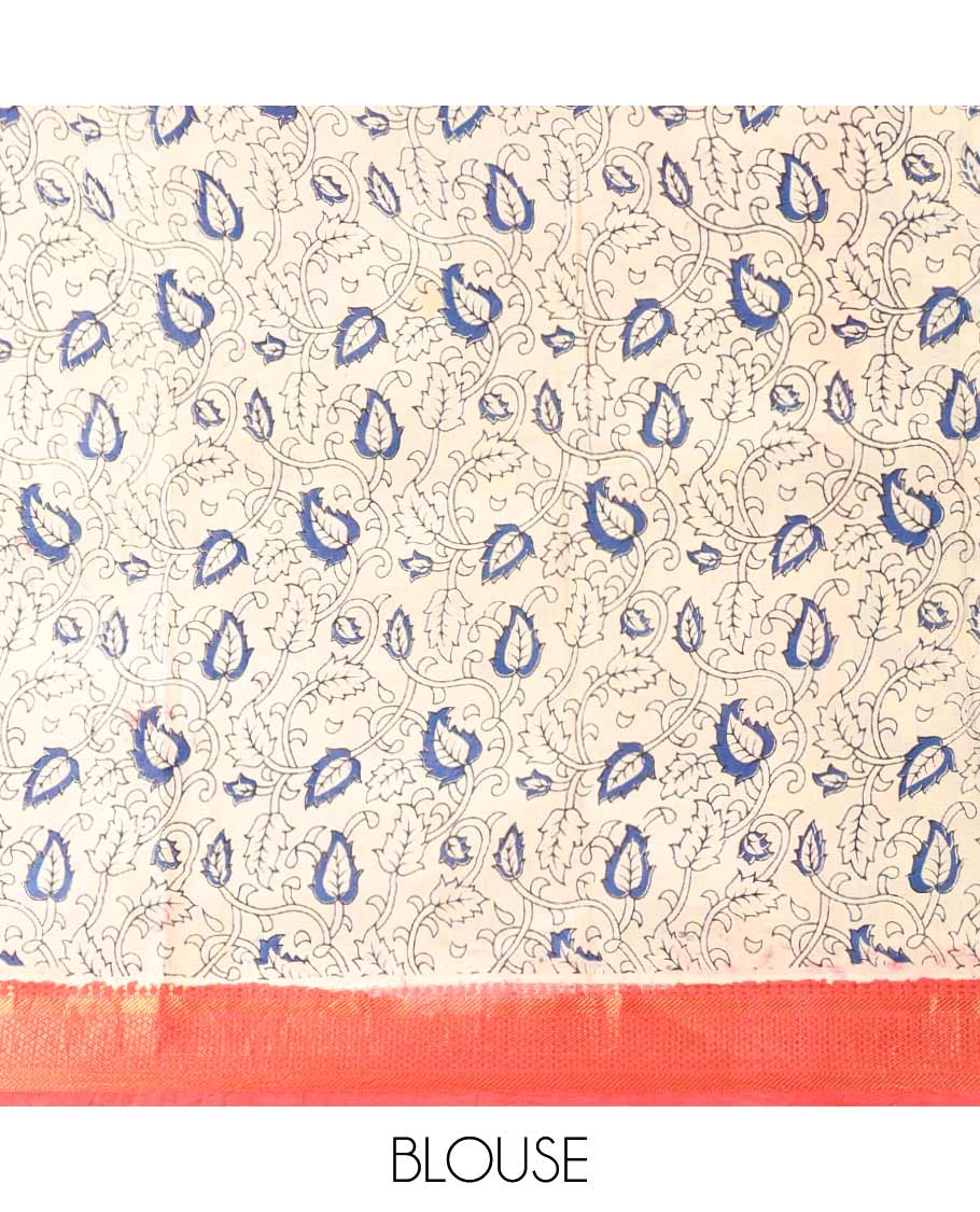 Mustard floral vine design machine-printed kalamkari cotton saree with contrast border of zari design & animal motif pallu