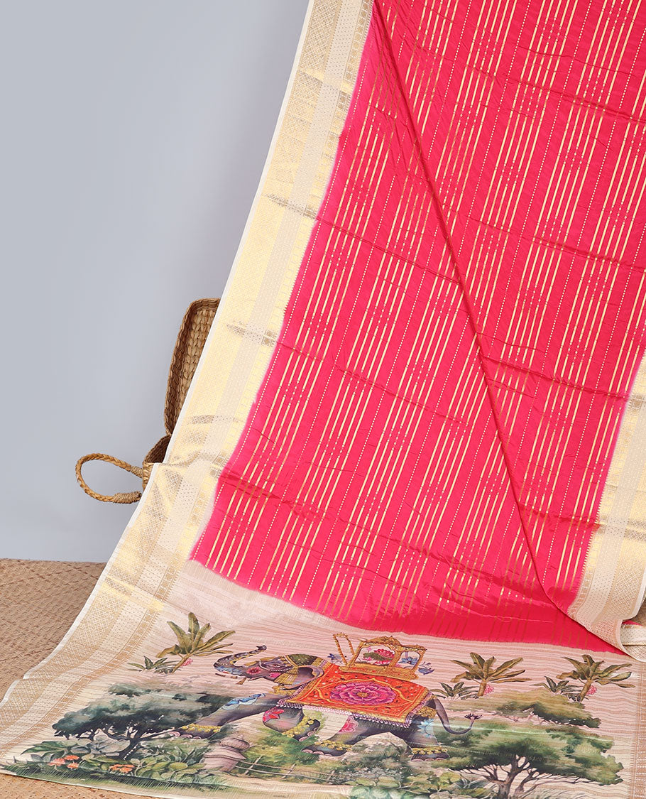 Red striped art mysore silk saree  with contrast zari border & forest design pallu