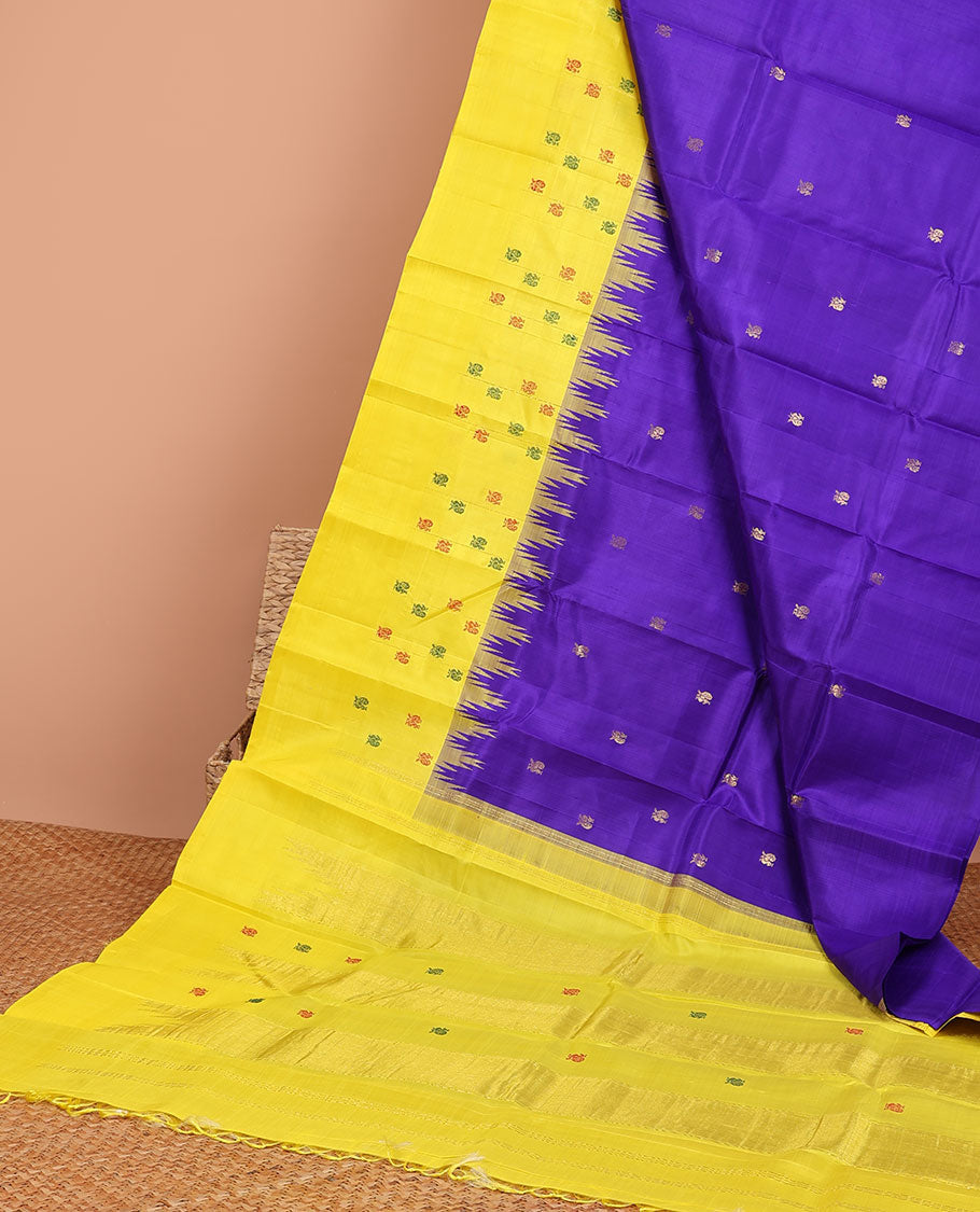 Violet peacock buttas kanchi puram silk saree with contrast temple , butta border & peacock buttas striped pallu