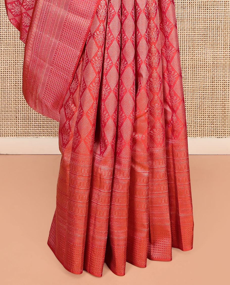 Red Kanchipuram Wedding Silk Saree, Beautified with Jacquard Design, a Traditional Zari Border, Greek Key Pallu, and a Matching Blouse