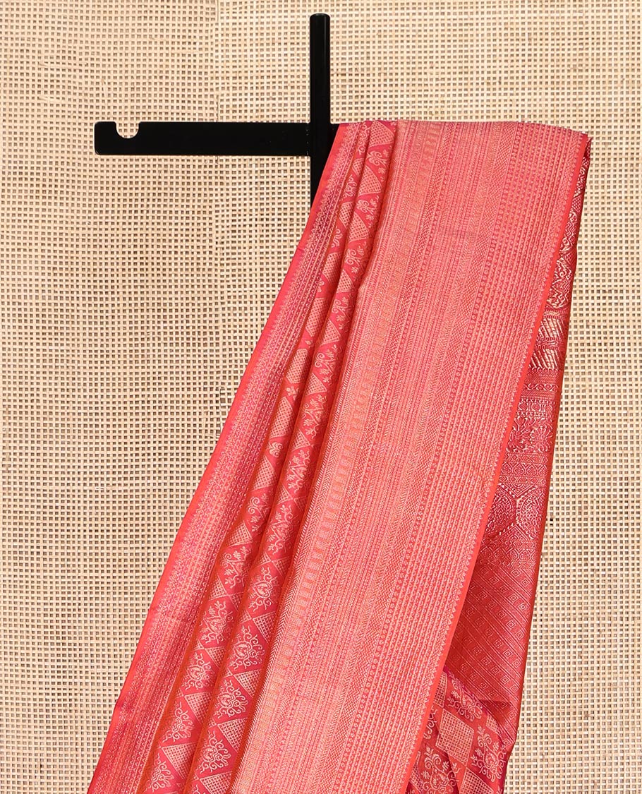 Red Kanchipuram Wedding Silk Saree, Beautified with Jacquard Design, a Traditional Zari Border, Greek Key Pallu, and a Matching Blouse