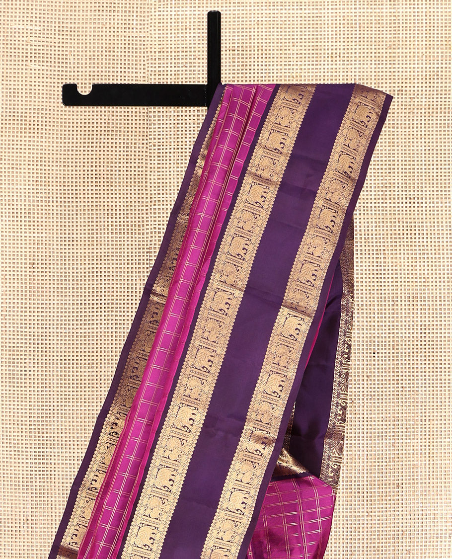 Pink Vasundhara Lite Silk Mix Saree, Woven with Zari Checks, Complemented by a Contrast Rettai Pettu Border of Thilakam Mokku, Yaanai, and Mayil, Jaal Pallu, and a Contrast Blouse