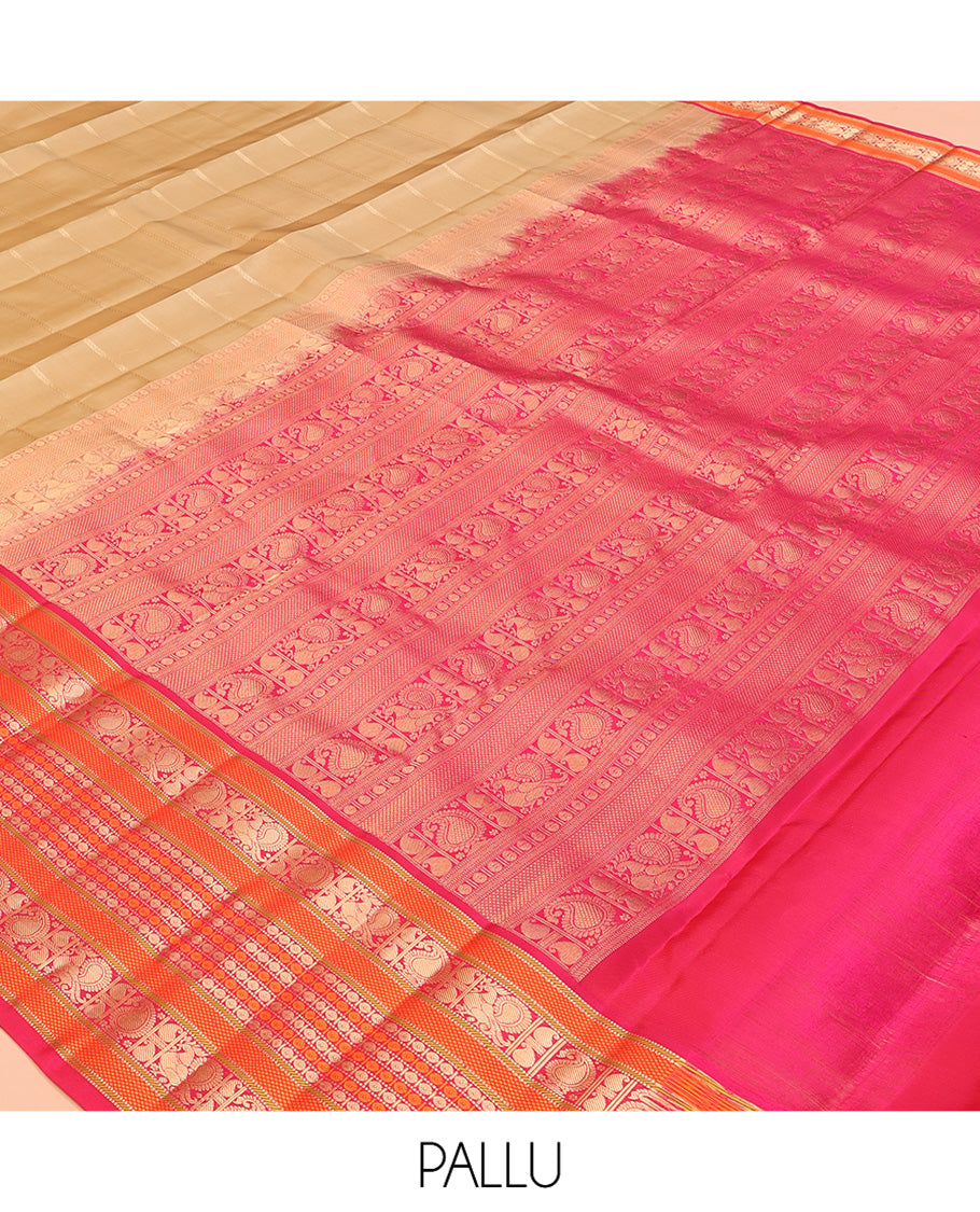 Sandal Vasundhara Lite Silk Mix Saree, Accentuated with Zari Stripes, a Contrast Border of Muthu, Banaras, Mayil Manga, and Poun Designs, Grand Pallu, and a Contrast Blouse