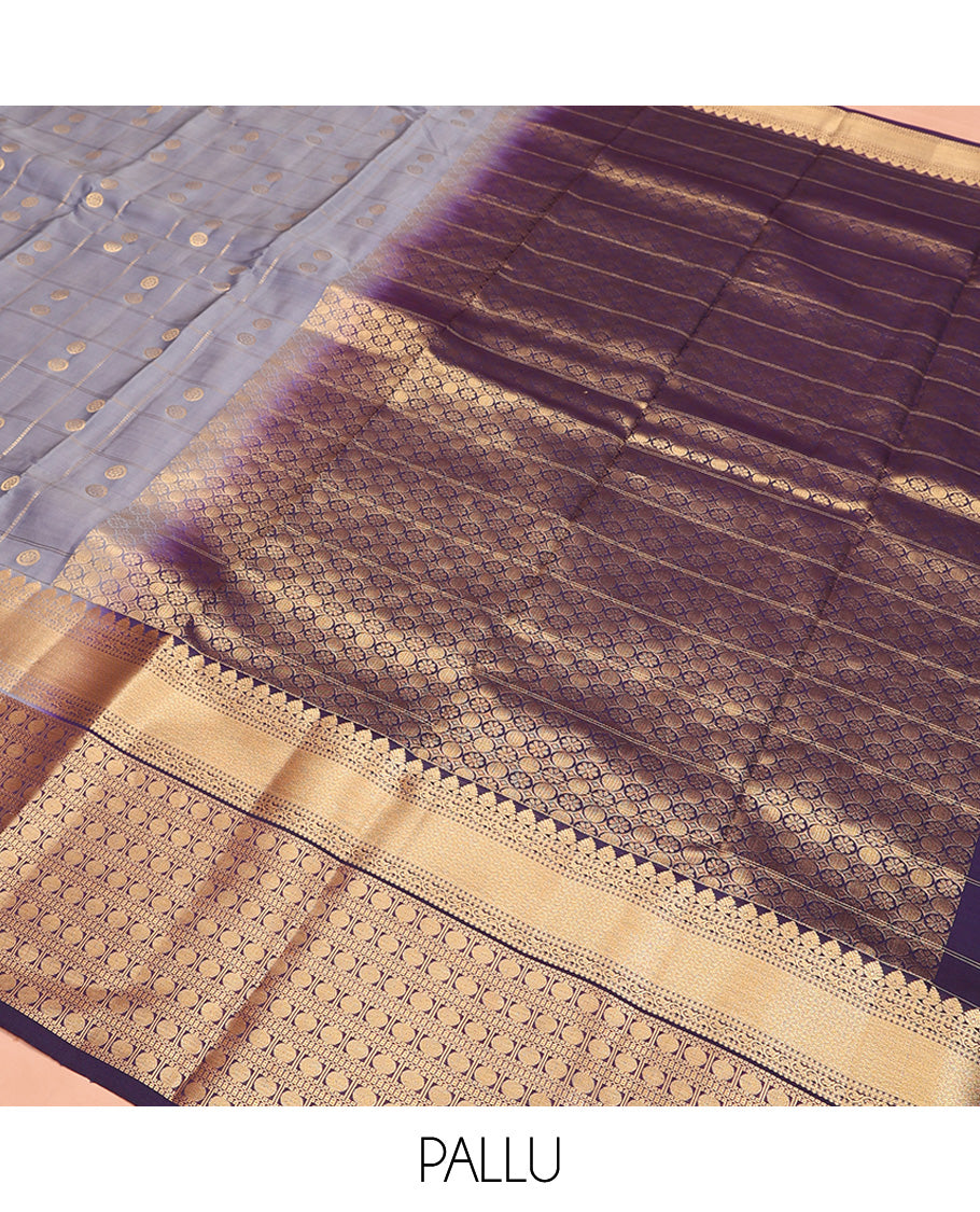 Grey Vasundhara Lite Silk Mix Saree, Artfully Woven with Chakram Butta Enclosed Checks, Complemented by Contrast Border Steeped with Poun Designs, Grand Pallu and Paired with a Contrast Blouse