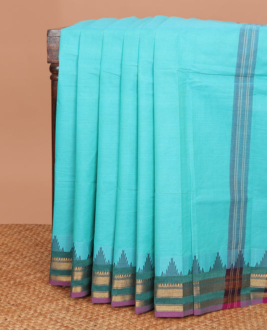 Blue full-plain Chettinad cotton saree, contrast temple traditional motif border & pallu of stripes