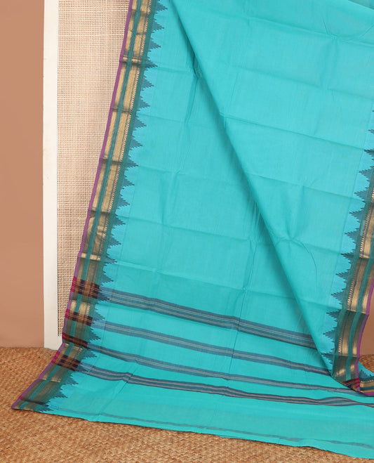 Blue full-plain Chettinad cotton saree, contrast temple traditional motif border & pallu of stripes
