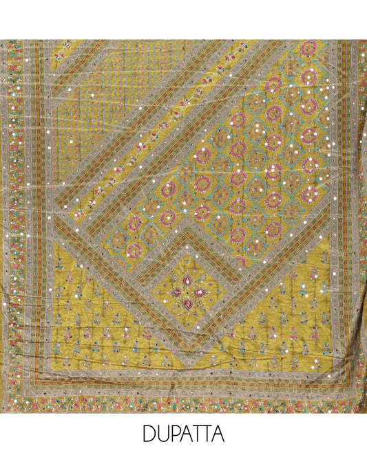 Green material chudidar set, floral-theme batik printed with mirror embroidered crepe top, santoon bottom, and Chinon dupatta of print, and mirror embroidery