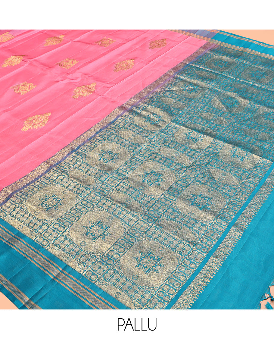 Pink Mayuri Lite Silk Mix Saree, Masterfully Woven with Zari Buttas All Over Its Body, Complemented by a Contrast Border, Pallu of Intricate Zari Designs, and Paired with a Contrast Blouse