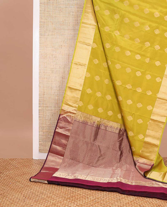 Mustard leaf buttas vasundhara elite silk saree with self temple, ara madam design border & checked design pallu