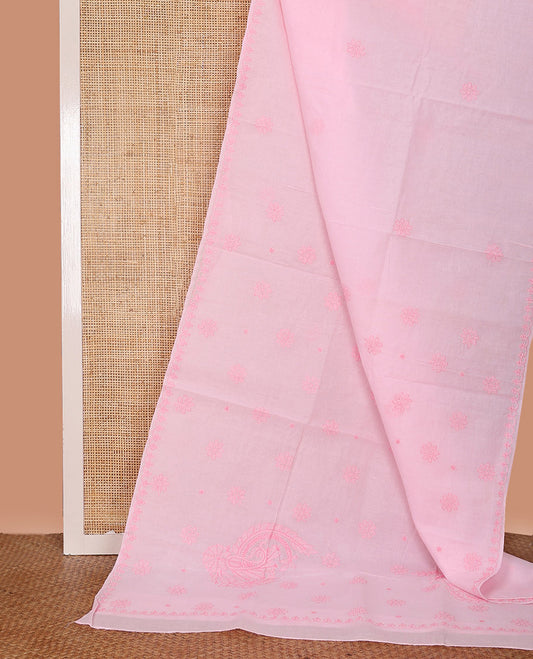 Pink Lucknowi Chikankari Cotton Saree, Prettified with Floral Motifs Embroidery on Its Body, Subtle Embroidery Border, Pallu of Floral-Paisley Embroidery, and Comes Without a Blouse