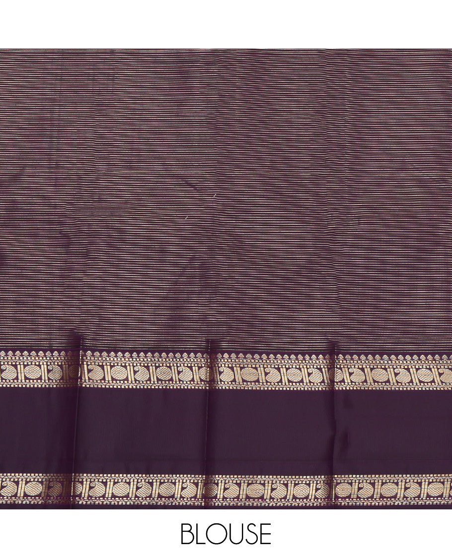 Orange Budget Silk Saree, Detailed with Peacock-Chakram Buttas and Checks, a Contrast Traditional Zari Rettai Pettu Border, Grand Pallu, and a Contrast Blouse