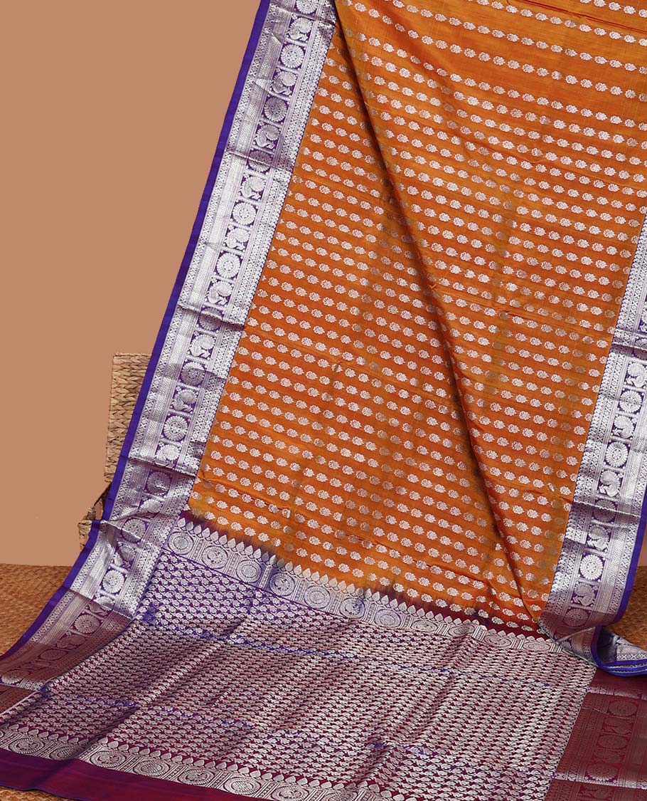 Brown Floral motifs vengatagiri pure silk saree , contrast traditional border & zari jaal design pallu