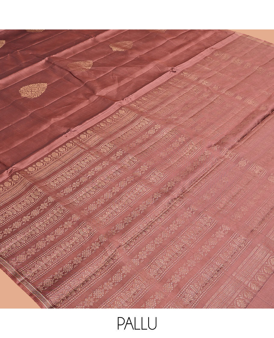 Brown Mayuri Lite Silk Mix Saree, Elegantly Framed with Zari Buttas on Its Body, Subtle Border, Pallu of Intricate Designs, and Paired with a Matching Blouse