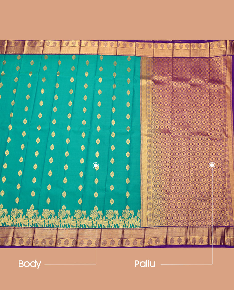 Green Budget Silk Saree, Woven with Zari Buttas, a Contrast Traditional Zari Border, Grand Pallu, and a Contrast Blouse