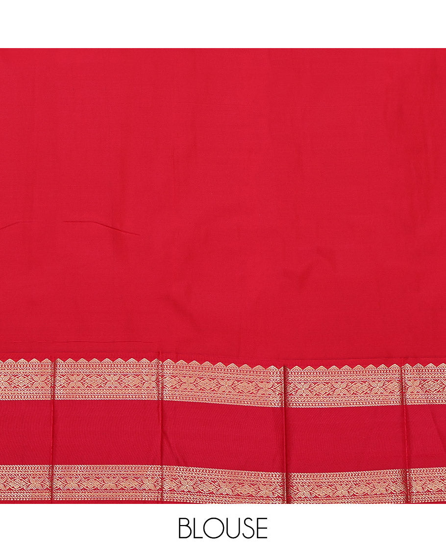 Green Budget Silk Saree, Embellished with Zari Buttas and Stripes All Over Its Body, Complemented by a Contrast Traditional Zari Design Rettai Pettu Border, Grand Jaal Pallu, and Paired with a Contrast Blouse
