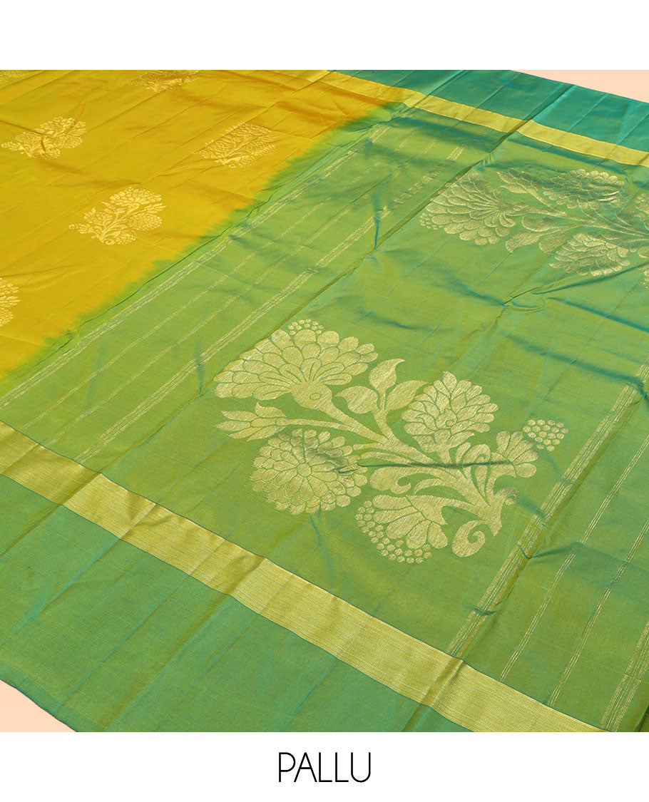 Green Kanchipuram Silk Saree, Woven with Floral Zari Buttas, a Contrast Floral Zari Design Border, Floral Design Pallu, and a Contrast Blouse