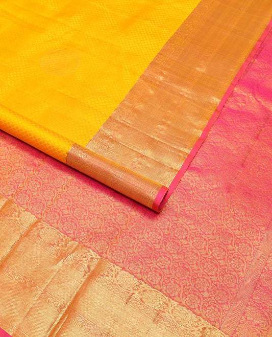 Yellow jaal design silk saree with contrast border of kodi visiry, kathir, banaras design & floral design pallu