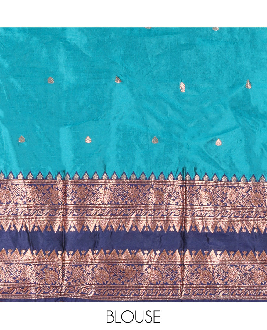 Rama Green and Blue Semi-Banarasi Half-Saree, Accentuated with Zari Buttas on Its Skirt, Complemented by a Contrast Rettai Pettu Traditional Zari-Design Border, Paired with a Matching Blouse, and Comes with a Contrast Satin Georgette Embroidered Dhavani
